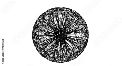 Intricate black wireframe sphere symbolizing digital connectivity and abstract technological