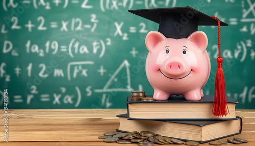 Pink piggy bank wearing a graduation cap sits on books with coins in front of a chalkboard with math equations