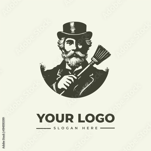 Vintage woodcut illustration of a bearded man in a hat holding a broom, with a logo and slogan placeholder in a classic, monochromatic design.