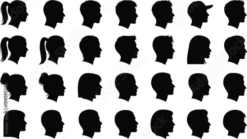 Silhouetted human head profiles, diverse hairstyles and headwear, side views, demographic representation, identity illustration, facial recognition study reference