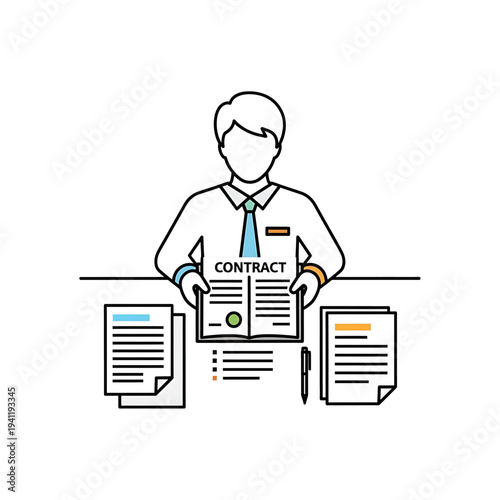 Businessman reviewing contract documents and paperwork at a desk.