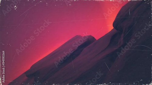 Jagged dark rock-like formations ascend towards a vibrant pink sky in this distressed abstract landscape.