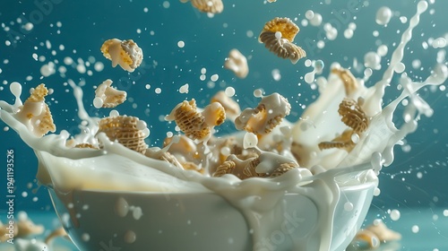 Cereal pieces flying into bowl with splashing milk