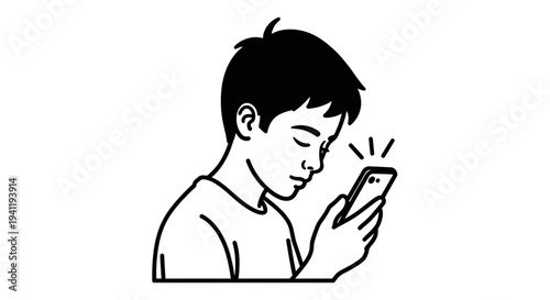 Focused individual engrossed in mobile device with glowing screen in minimalist illustration