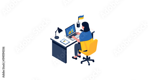 Isometric office scene with woman analyzing data on laptop at desk with ukrainian flag