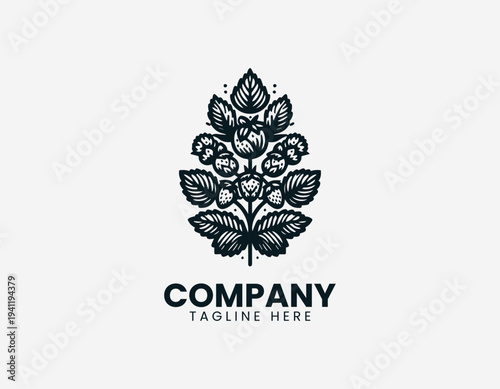 Fresh strawberry cluster with leaves in detailed modern black vector botanical illustration style