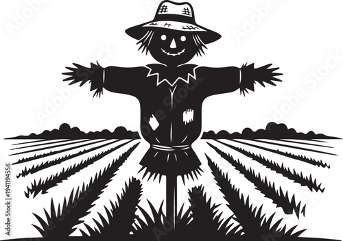 Smiling Scarecrow Standing in a Field of Crops Silhouette
