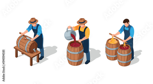 Isometric brewing process with barrels and characters: wine and cider production