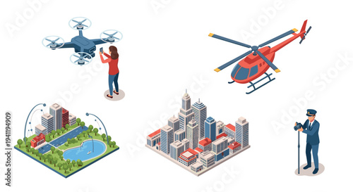 Urban aerial exploration: isometric views of drone, helicopter, cityscape, and observation