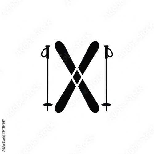A black silhouette of crossed skis and ski poles on white