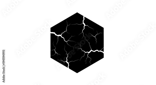 Abstract black hexagon with intricate white crack patterns creating a dynamic graphic design