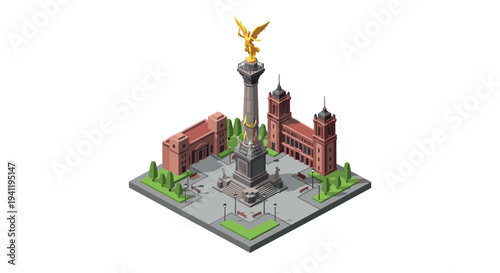 Isometric monument with golden eagle statue in urban park setting