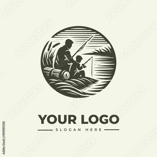 A vintage engraving-style logo featuring a man and child fishing, with a woodcut illustration of a serene lakeside scene and a placeholder for a custom logo or icon.