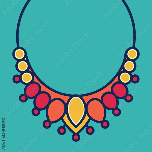 A vibrant and colorful stylized tribal necklace with intricate details on a bold teal background