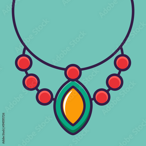 Stylish necklace illustration with bright red beads and a bold teal and amber gemstone pendant