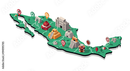Isometric map of mexico with iconic landmarks in vibrant colors