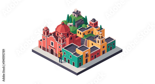 Colorful isometric townscape with vibrant buildings and lush greenery