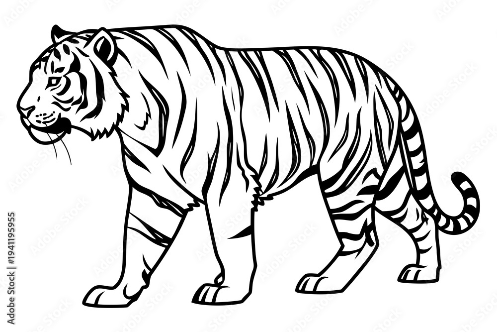 Obraz premium Tiger Coloring Book Page Vector Illustration – Black White Bold Line Art, Printable A4, SVG Style, Isolated on White Background