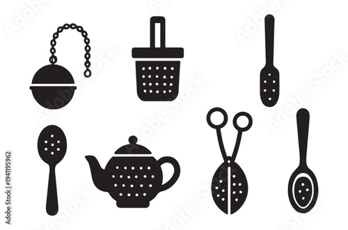 Black silhouette icons depicting various tea making tools and accessories