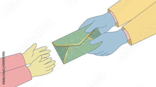 Hands Exchanging Green Decorative Envelope Illustration
