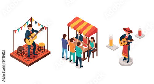 Isometric festival scene: guitarist, food stall, and mariache player in festive setting