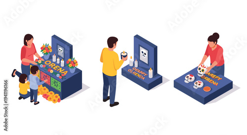 Isometric day of the dead scenes: family traditions and altar decorations