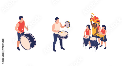 Colorful isometric drummers in carnival parade ensemble on white background