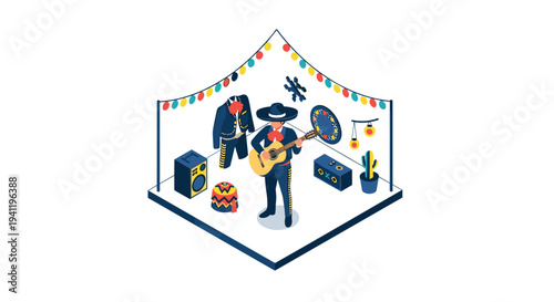 Isometric mariachi scene with musician and vibrant mexican decor in festive setting
