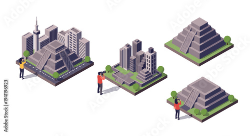 Isometric urban and ancient architecture with photographers capturing pyramids and skyscrapers
