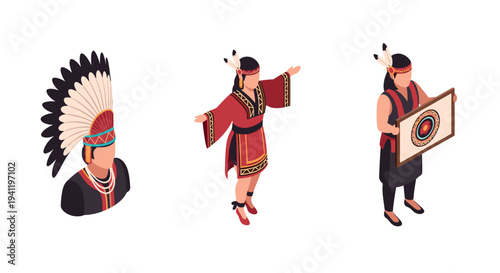 Traditional indigenous attire in isometric style showcasing cultural heritage