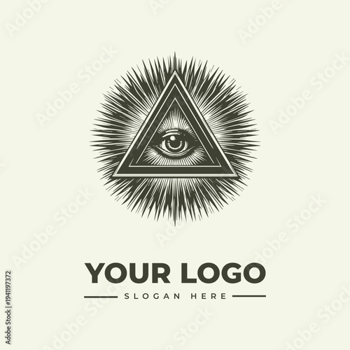 A vintage-style woodcut illustration of an eye within a triangle logo, surrounded by sunburst lines on a beige background, with space for a custom slogan.