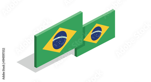 Brazilian flags in isometric 3d style with shadow effect on white background