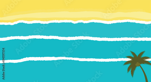 Tropical Beach Scene. Ocean Waves. Palm Tree Silhouette. Summer Vacation.