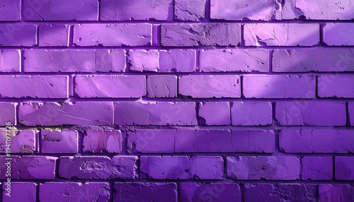 Purple brick wall with shadows. Weathered, textured surface; vibrant, monotone violet color in bright light