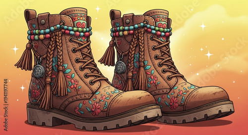 Vibrant brown cowboy boots with colorful beads and tassels on a gradient background