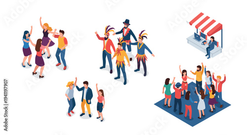 Isometric festive celebration scenes with dancing groups and market stall