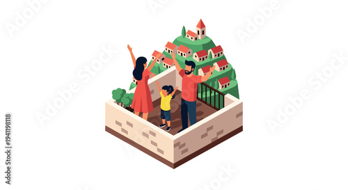 Family enjoying mountain view from rooftop terrace in isometric design