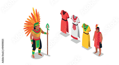 Isometric indigenous fashion exhibit with traditional clothing and accessories