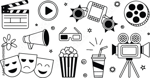 Collection of outline icons representing cinematography film making and entertainment industry elements monochrome