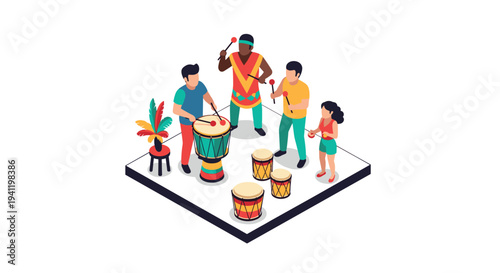 Isometric band playing percussion instruments in colorful attire on stage