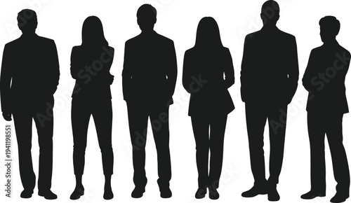 Full length black silhouettes of diverse business people and professionals standing together in a row on white background isolated vector illustration for teamwork