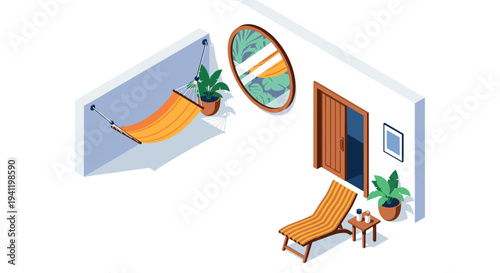 Cozy patio with hammock and lounge chair in isometric coastal design
