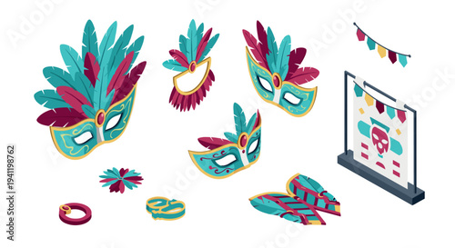 Colorful carnival mask elements and decor in isometric style