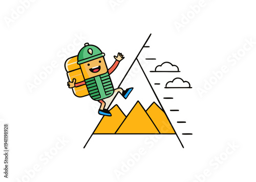 Cartoon hiker climbing mountain peak with backpack and trekking pole