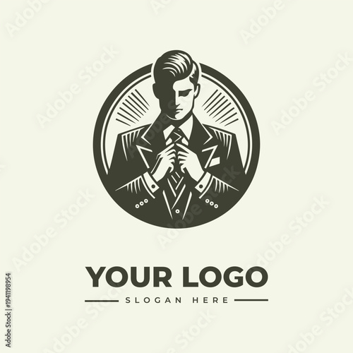 A vintage engraving-style illustration of a man in a suit adjusting his tie within a circular logo design on a beige background.
