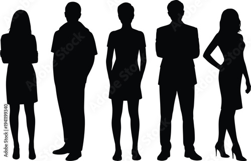 Full length black silhouettes of diverse business people and professionals standing together in a row on white background isolated vector illustration for teamwork