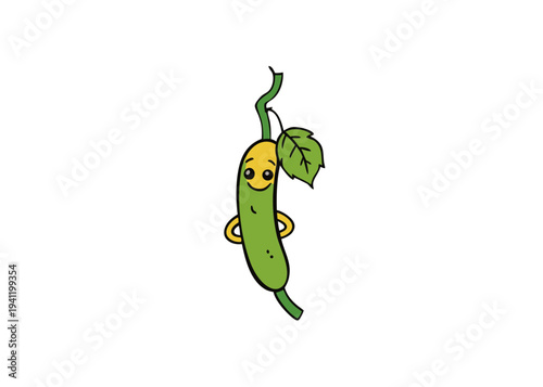 Cartoon green pea character climbing happy vegetable vine illustration