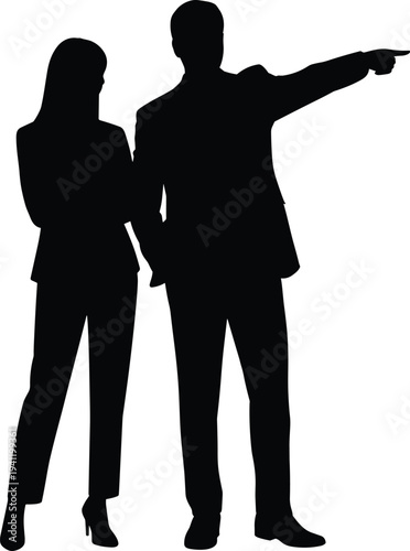 Full length black silhouette of business man and woman pointing forward together on white background isolated vector illustration for professional leadership and teamwork