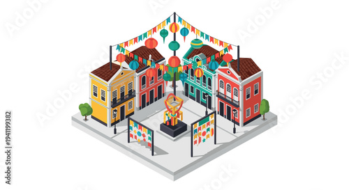 Vibrant festive square with colorful lanterns and traditional buildings in isometric style