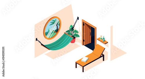 Cozy indoor retreat with hammock and lounge chair in isometric design